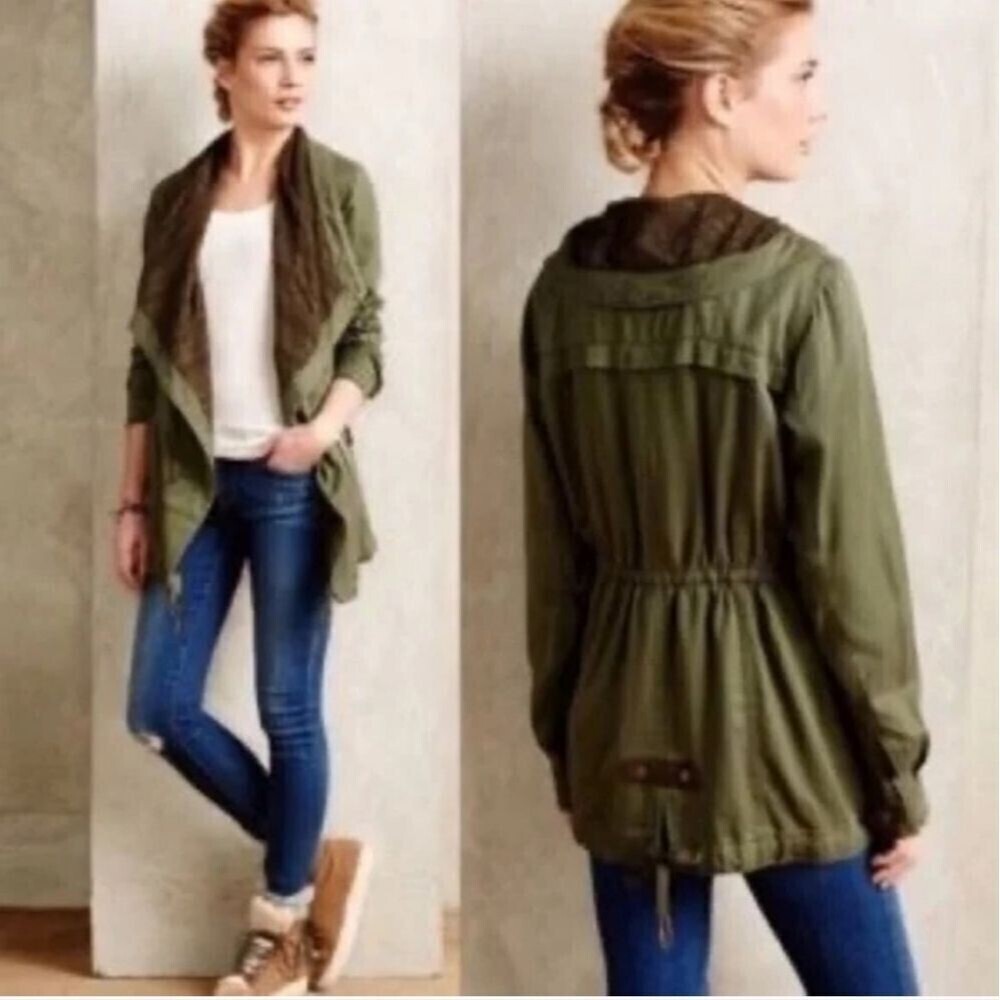 Anthropologie Hei Hei Etta Layered Olive Green Lace Trim Drawstring Anorak L